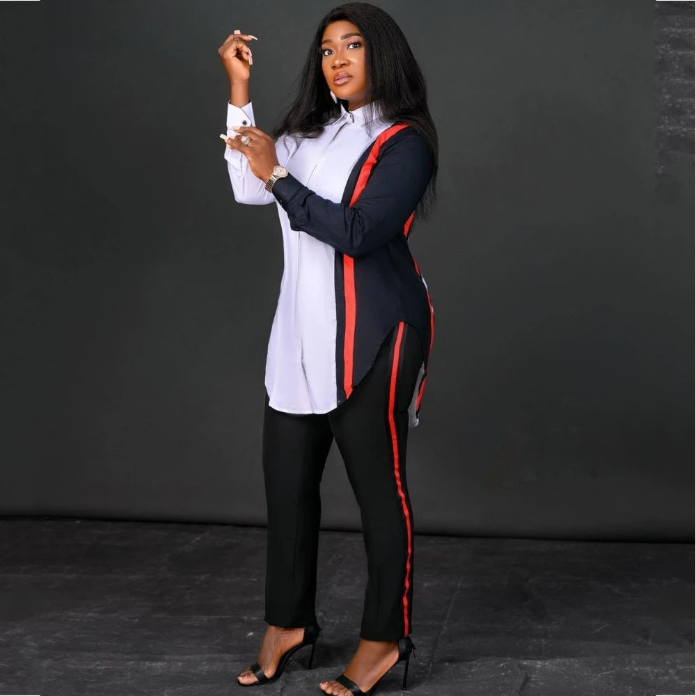 2 Two Piece Set Stripe Print Long Sleeve Blouse Tops And Pant Suits Spring Autumn Women Set Sheath Matching Fashion Outfit black