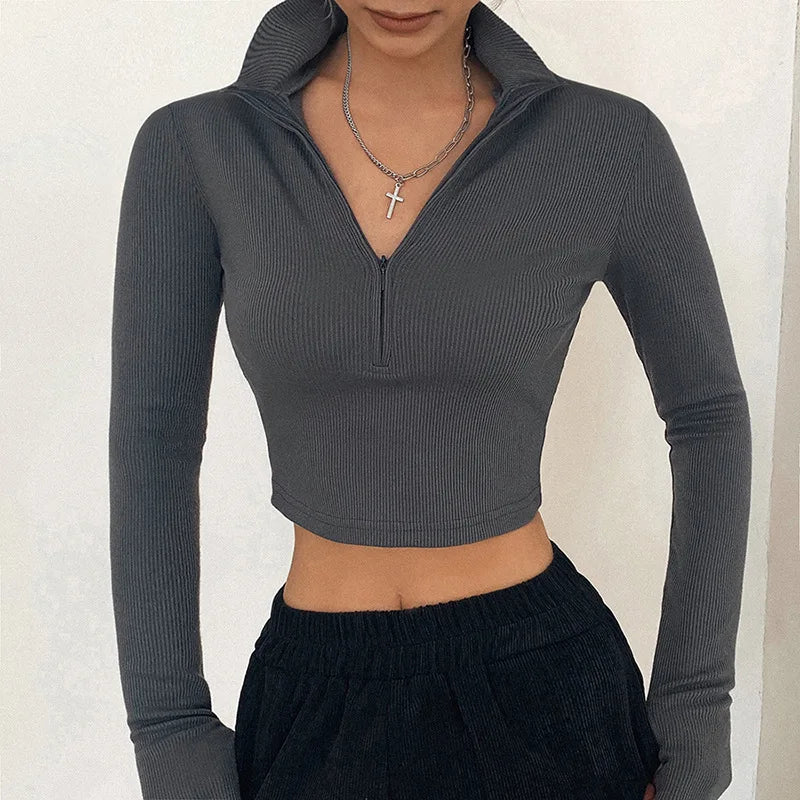 solid color casual T-shirt women long sleeves turtleneck crop tops sexy simple style party club 2022 spring summer new