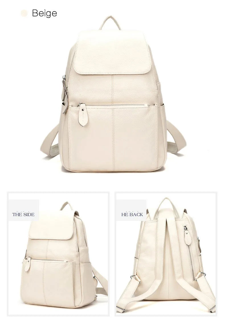 Zency Genuine Leather Women Backpack High Quality Large Capacity Travel Bag Knapsack Schoolbag Shoulder For Ladies Beige Black