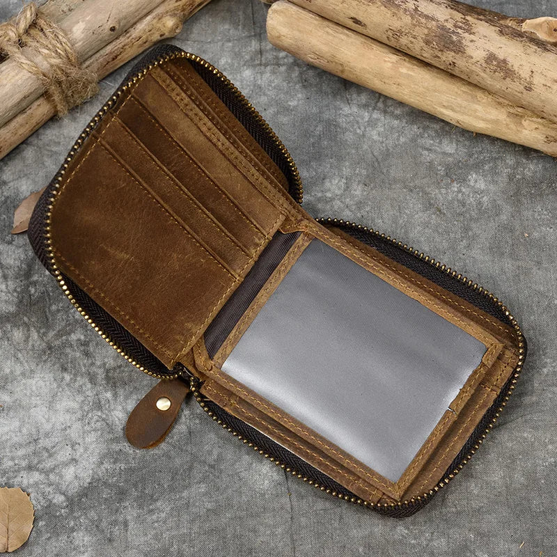 2023 New Short Wallet Men Women Vintage Fashion Card Holder Zipper Coin Purse Crazy Horse Leather Mens Slim Zipper Purse Wallet