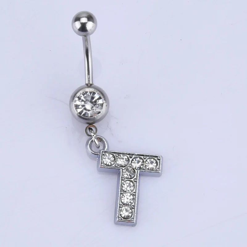 1Pc Letter Belly Button Ring Rhinestone Alphabet Pendant Navel Body Piercing Jewelry Silver Colour Nombril Piercing Gift Women T