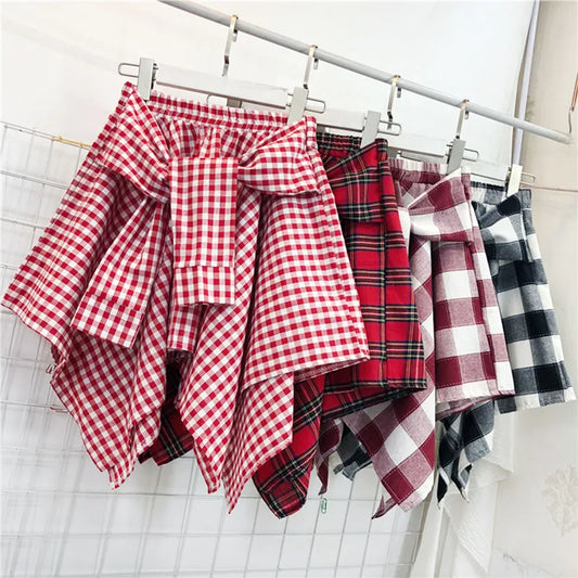 TOTRUST Fashion College Asymmetrical Skirt Women Summer Plaid Skirt Women Casual Students Fake Shirt Mini Skirt Female Saia