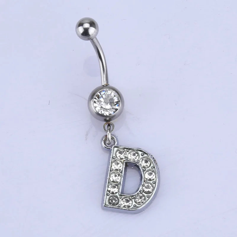 1Pc Letter Belly Button Ring Rhinestone Alphabet Pendant Navel Body Piercing Jewelry Silver Colour Nombril Piercing Gift Women D