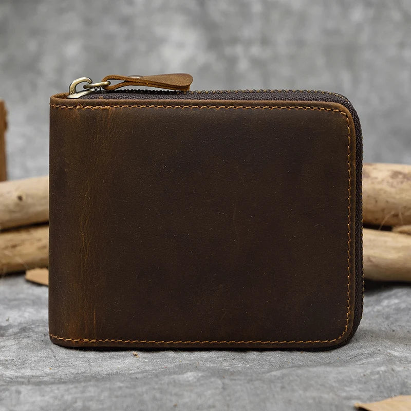 2023 New Short Wallet Men Women Vintage Fashion Card Holder Zipper Coin Purse Crazy Horse Leather Mens Slim Zipper Purse Wallet