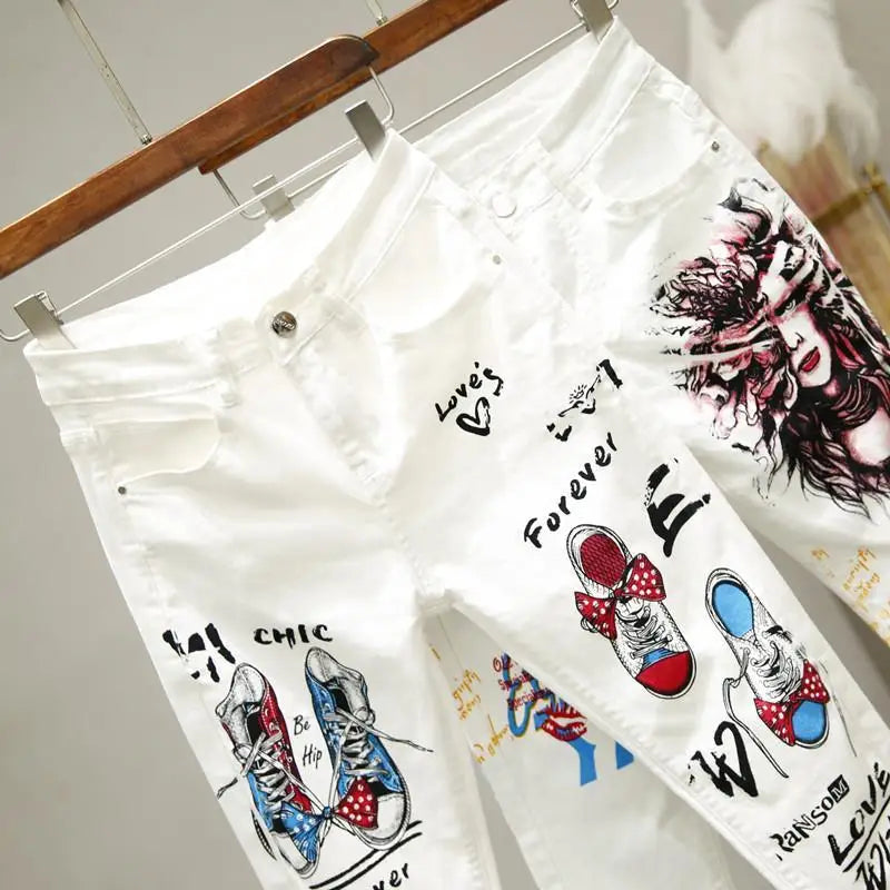 2021 New Autumn Women Jeans Cartoon Graffiti Print Pencil Pants High Waist Stretched Jeans Casual Ankle-length Pants Trousers