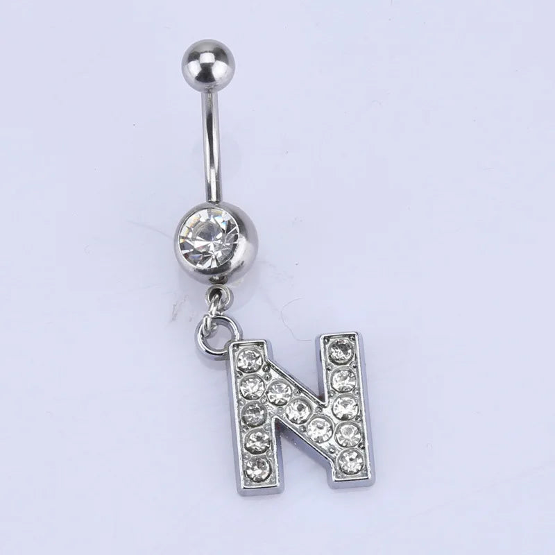 1Pc Letter Belly Button Ring Rhinestone Alphabet Pendant Navel Body Piercing Jewelry Silver Colour Nombril Piercing Gift Women N