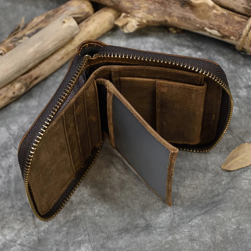 2023 New Short Wallet Men Women Vintage Fashion Card Holder Zipper Coin Purse Crazy Horse Leather Mens Slim Zipper Purse Wallet