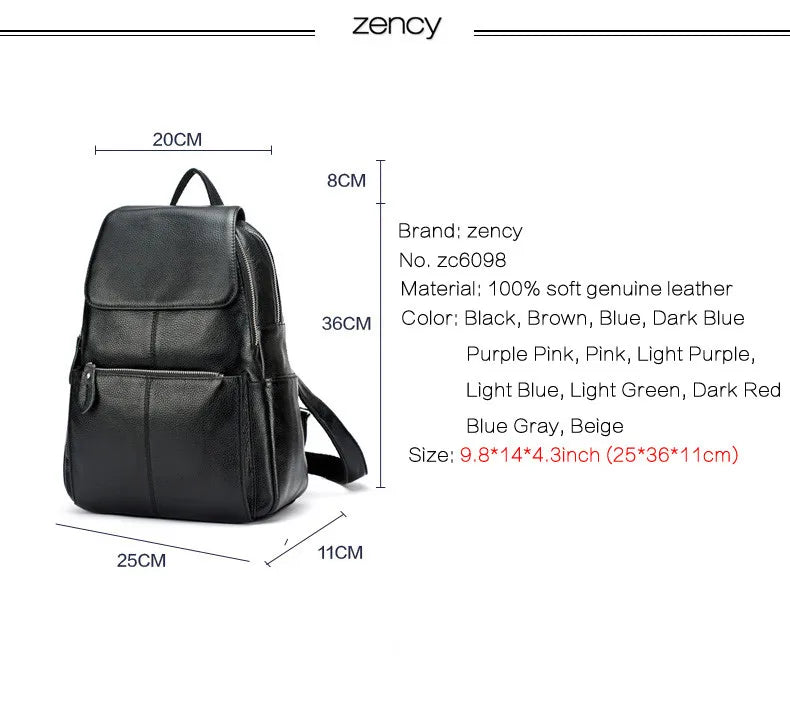 Zency Genuine Leather Women Backpack High Quality Large Capacity Travel Bag Knapsack Schoolbag Shoulder For Ladies Beige Black