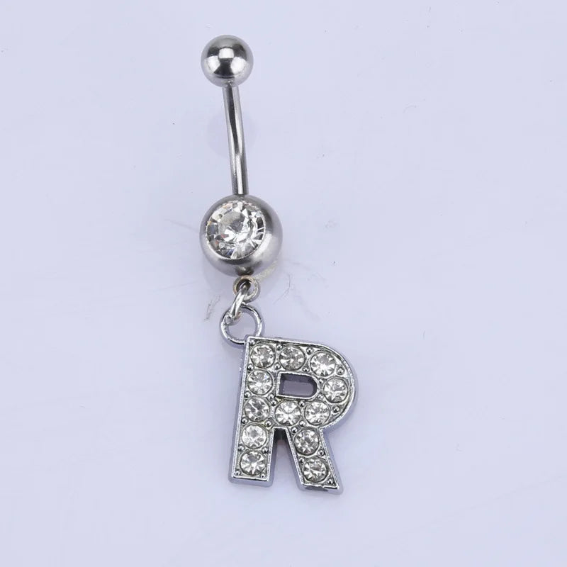 1Pc Letter Belly Button Ring Rhinestone Alphabet Pendant Navel Body Piercing Jewelry Silver Colour Nombril Piercing Gift Women R