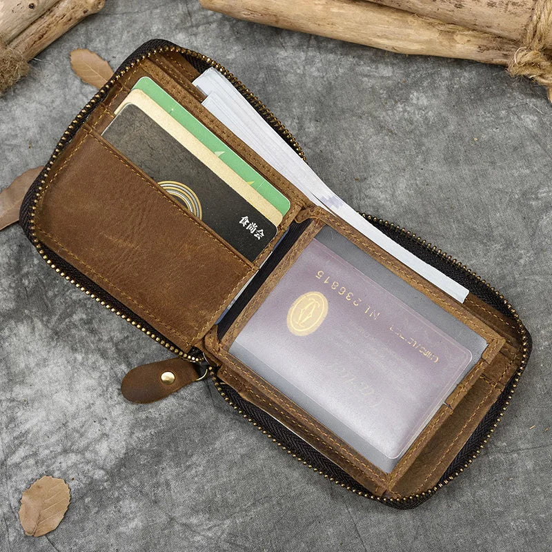 2023 New Short Wallet Men Women Vintage Fashion Card Holder Zipper Coin Purse Crazy Horse Leather Mens Slim Zipper Purse Wallet