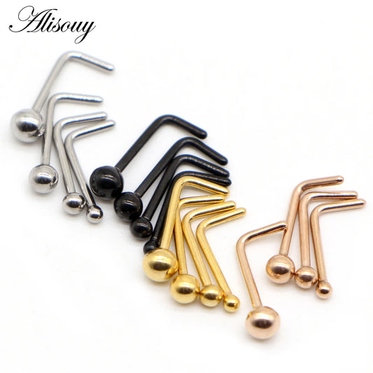 Alisouy 1PC Nose Studs Ball Round Nose Rings L-Shape Gold Color Nostril Stainless Steel Nose Piercing Body Jewelry For Women Badiee Stylez