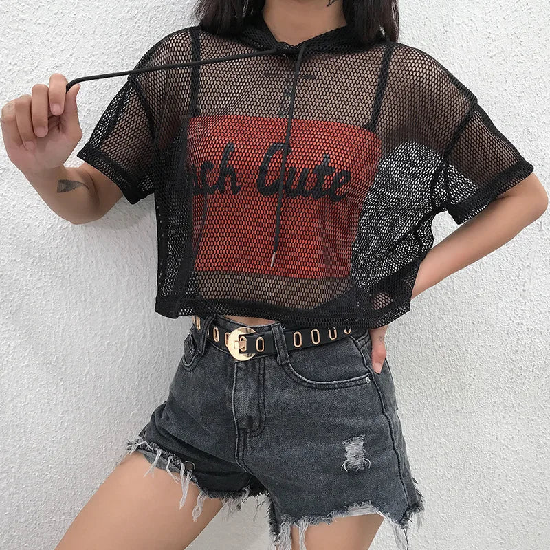 Womens Hollow Mesh Net Hooded T-Shirt Short Sleeve Tee Tops Transparent Black Swxy Clubwear Party