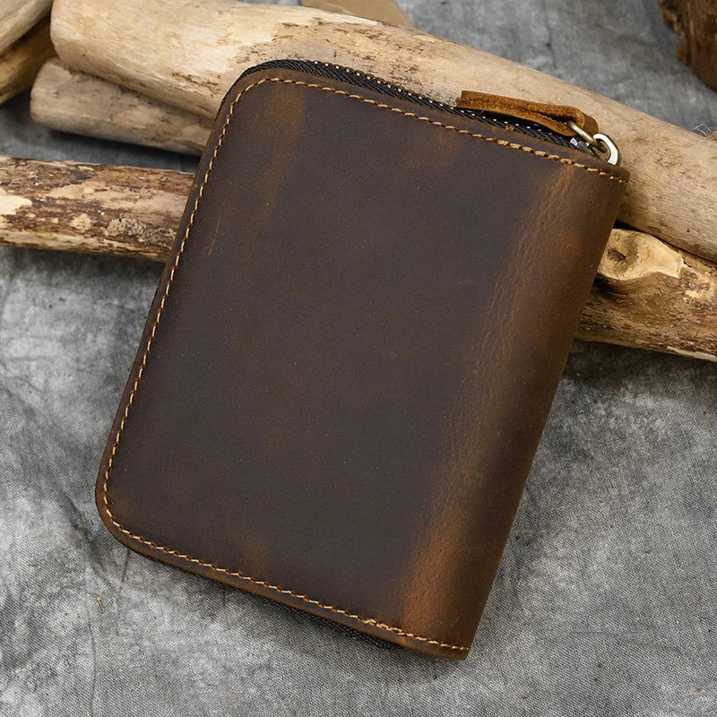 2023 New Short Wallet Men Women Vintage Fashion Card Holder Zipper Coin Purse Crazy Horse Leather Mens Slim Zipper Purse Wallet