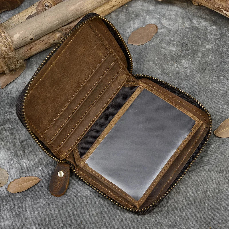 2023 New Short Wallet Men Women Vintage Fashion Card Holder Zipper Coin Purse Crazy Horse Leather Mens Slim Zipper Purse Wallet