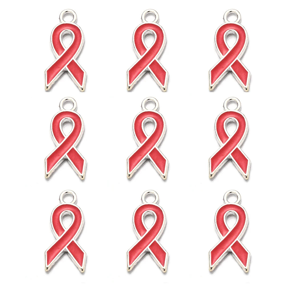 10pcs/lot Breast Cancer Awareness Ribbon Pendant Pink Ribbon Charm Pendants DIY Accessories for Women Jewelry Necklace Bracelet Silver red
