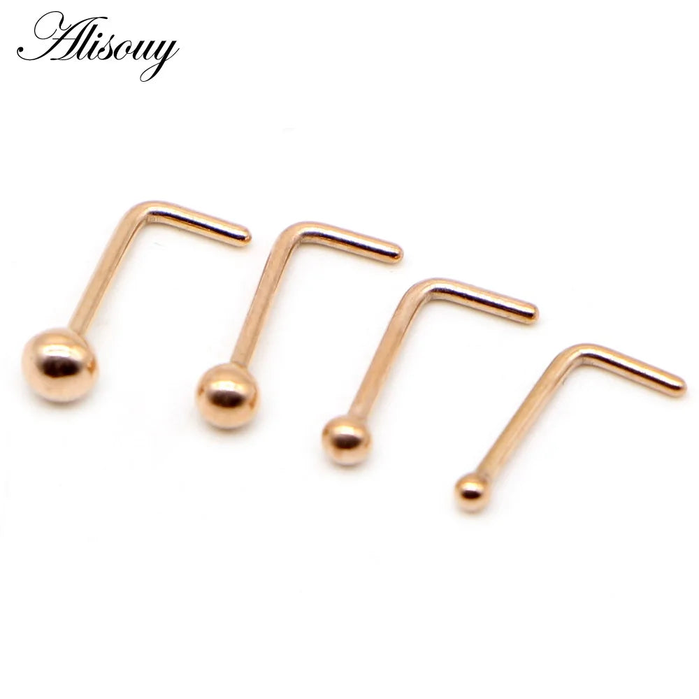 Alisouy 1PC Nose Studs Ball Round Nose Rings L-Shape Gold Color Nostril Stainless Steel Nose Piercing Body Jewelry For Women Badiee Stylez