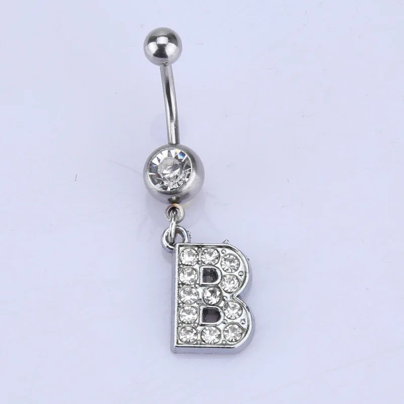 1Pc Letter Belly Button Ring Rhinestone Alphabet Pendant Navel Body Piercing Jewelry Silver Colour Nombril Piercing Gift Women B
