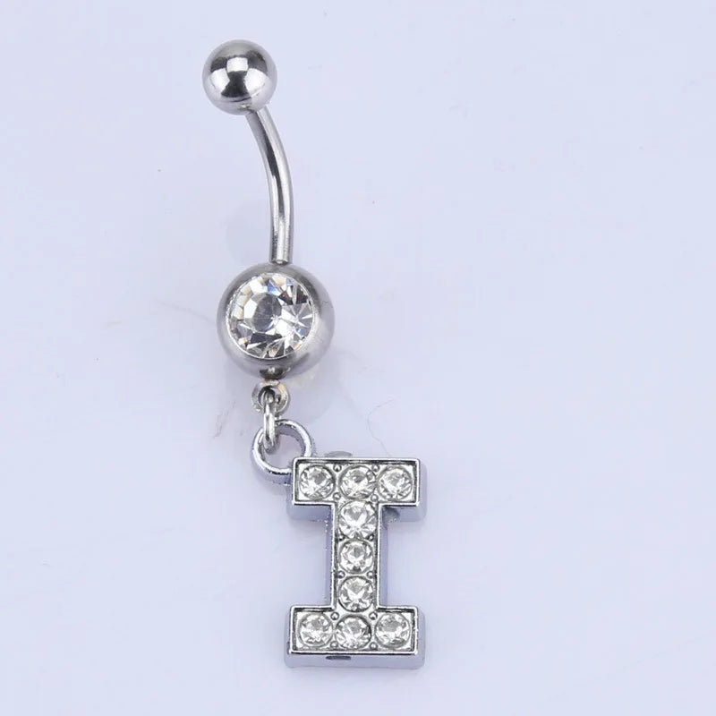 1Pc Letter Belly Button Ring Rhinestone Alphabet Pendant Navel Body Piercing Jewelry Silver Colour Nombril Piercing Gift Women I
