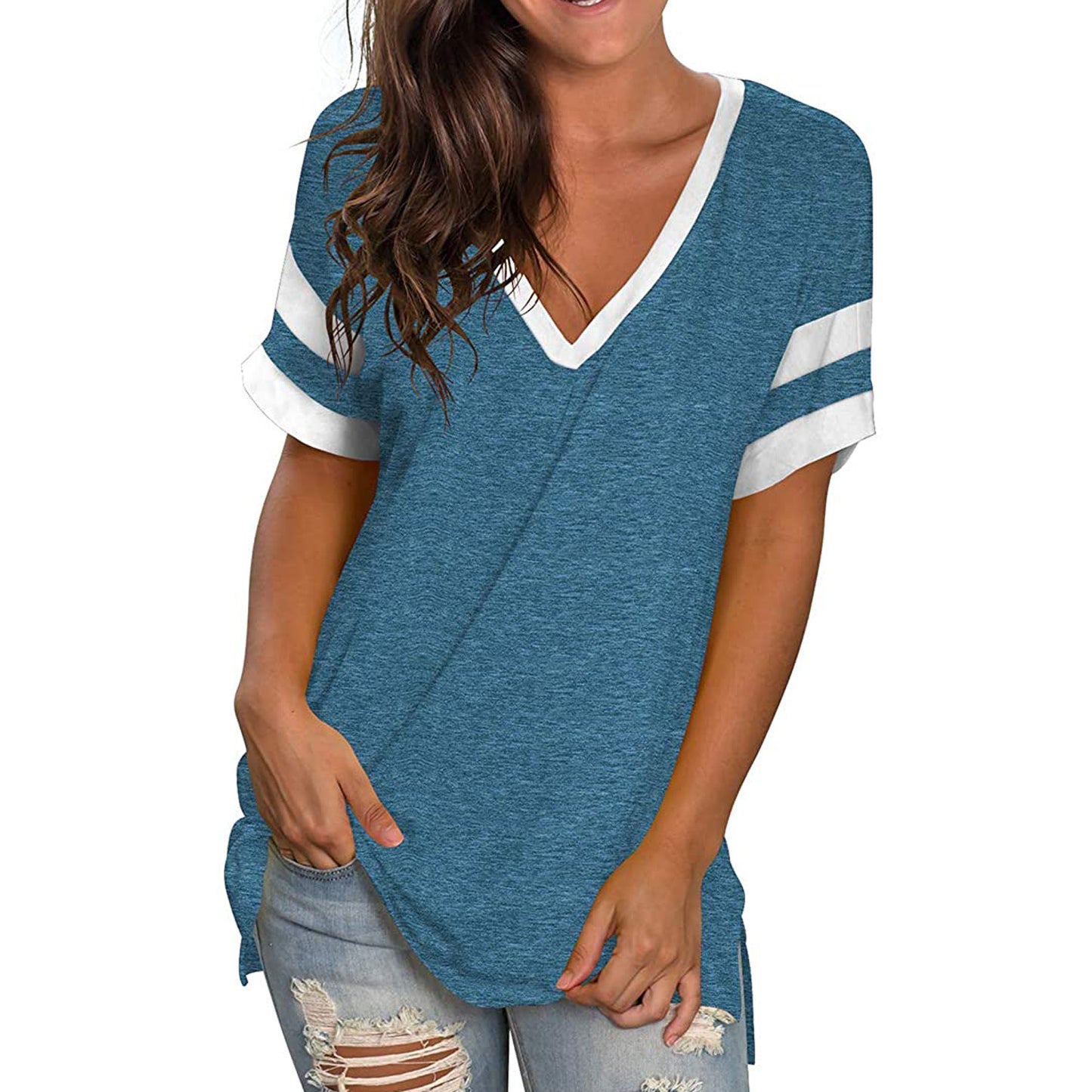 2024 Europe and the United States spring and summer new women's base shirt solid color V-neck splicing short sleeve loose T-shir
