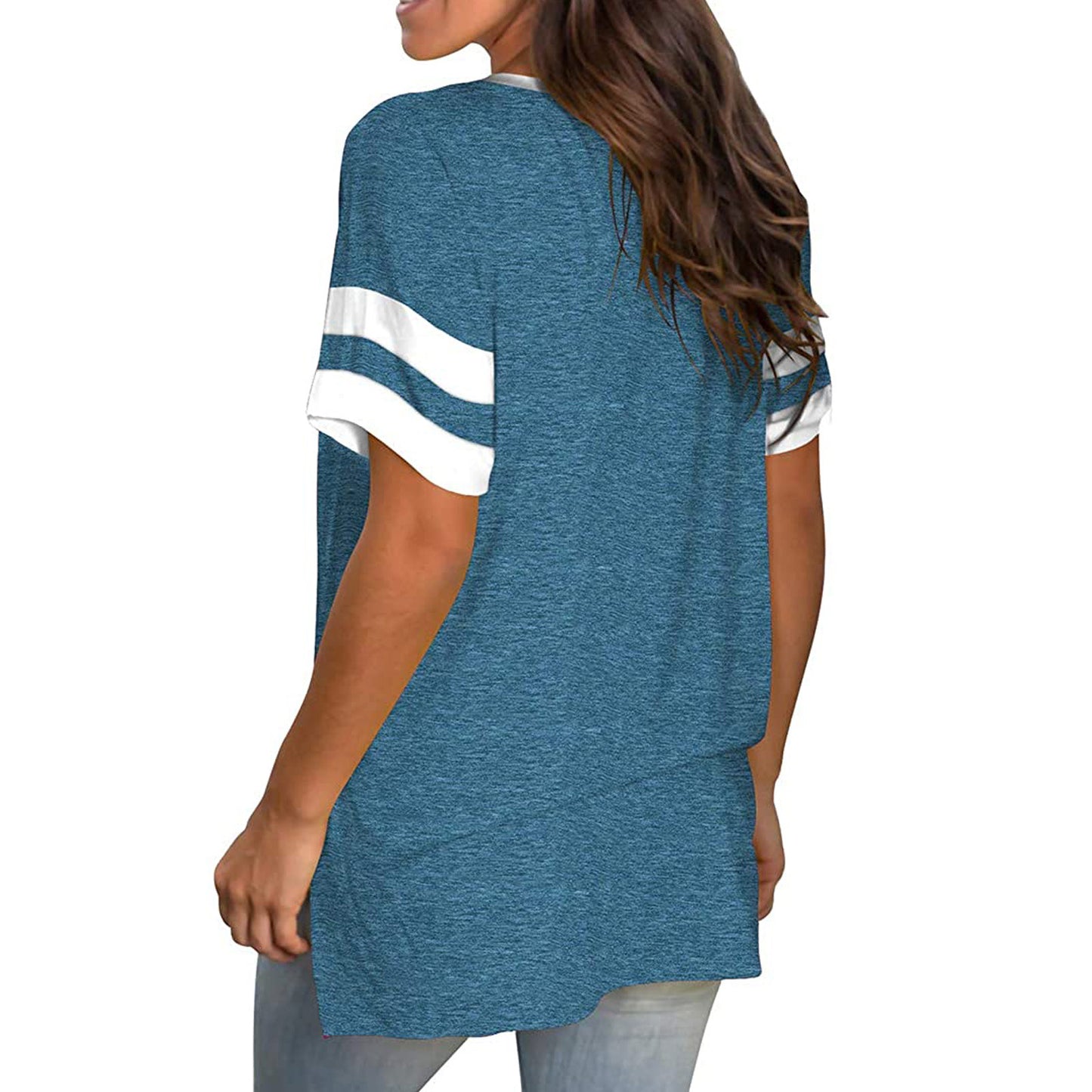 2024 Europe and the United States spring and summer new women's base shirt solid color V-neck splicing short sleeve loose T-shir