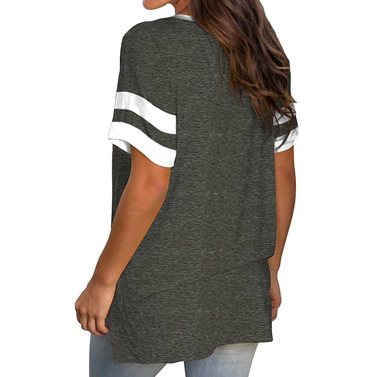 2024 Europe and the United States spring and summer new women's base shirt solid color V-neck splicing short sleeve loose T-shir