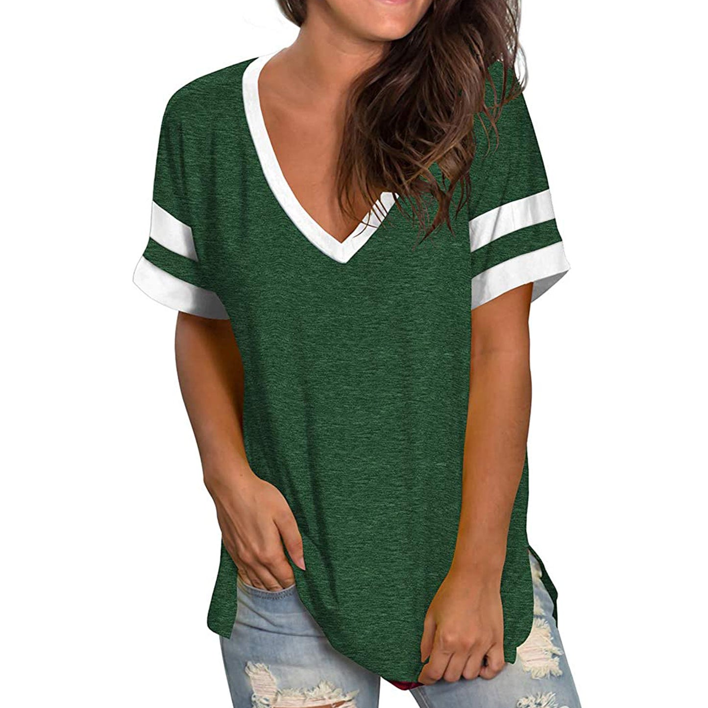 2024 Europe and the United States spring and summer new women's base shirt solid color V-neck splicing short sleeve loose T-shir