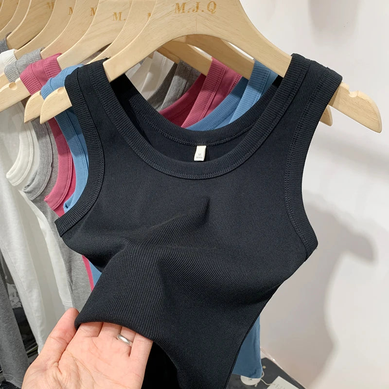 2025 Summer Women Sleeveless Tank Tops Fashion Crop Top O-neck Fitness Knitted Ribbed Vest Female Solid Camis Cropped Streetwear