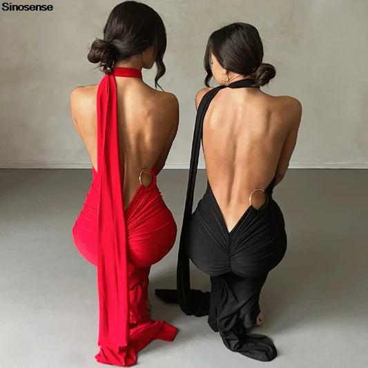 Womens Elegant Evening Party Cocktail Long Dress Sexy Backless Open Back Ruched Slim Bodycon Formal Wedding Guest Maxi Dress Badiee Stylez