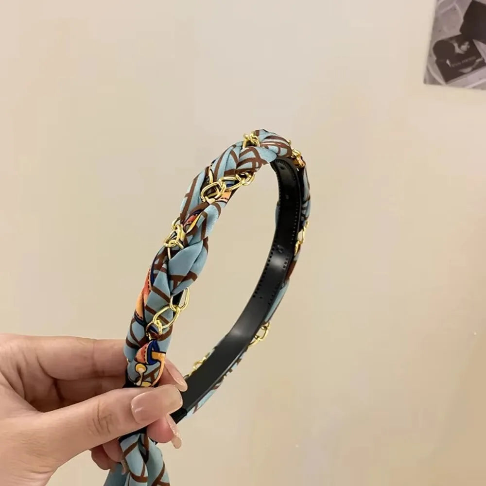Retro Silk Scarf Headband Floral Print Pearl Braided Hairband Adjustable Bow Non Slip Ribbon Hairband for Women Girls Kid