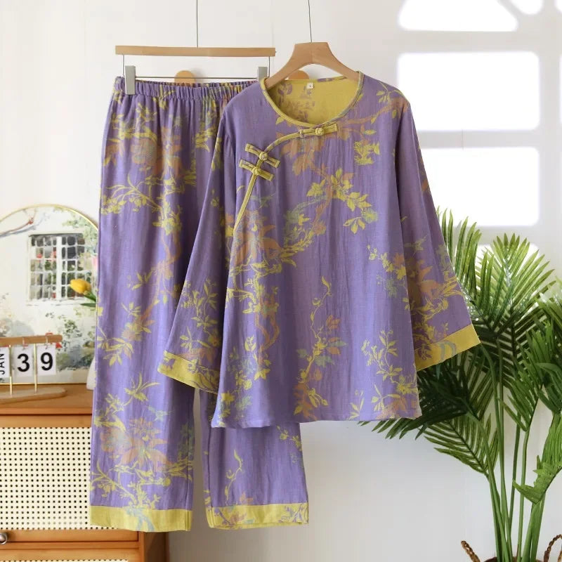 Women's Retro Long-sleeved Trousers Loungewear Set Yarn-dyed Double-sided Jacquard Thin Pajamas Round Neck Chinese Style Pijama PURPLE
