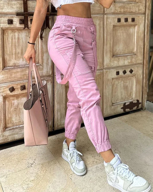 Women's Cargo Pants Casual Trousers 2024 Spring Autumn Solid Color Trend Street Pocket Design Cuff Suspenders Streetwear Women