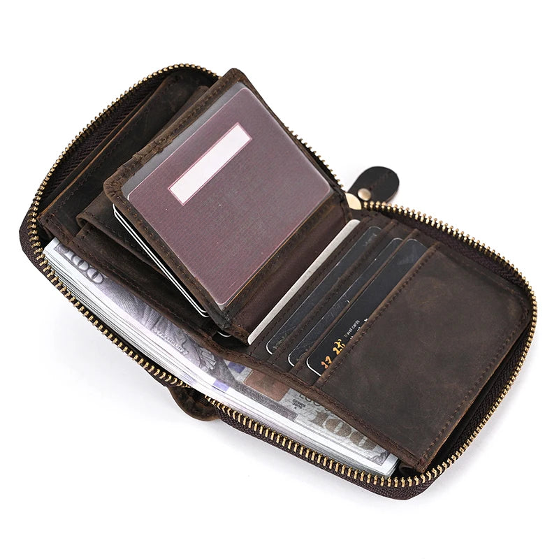 2023 New Short Wallet Men Women Vintage Fashion Card Holder Zipper Coin Purse Crazy Horse Leather Mens Slim Zipper Purse Wallet