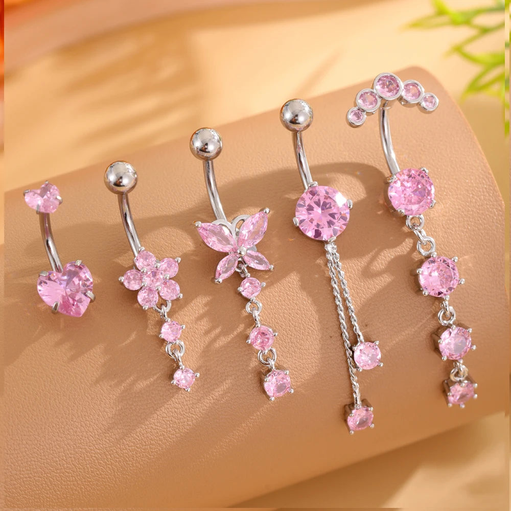 14G Gold Color Series Butterfly Dangled Belly Piercing Sets 5PCS/Lot Heart Flower Curved Navel Navel Ring Belly Button Rings 5pcs pink