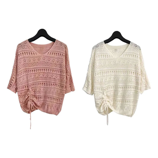 Hook Flower Hollow V-Neck Knitted Short Sleeve Pullover Sweater Loose Black Modal Sleeveless Vest Dress Sets Two Piece Set 2024