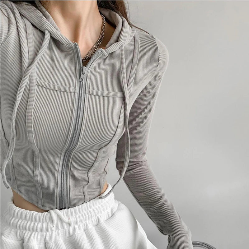 Thin Hooded Cardigan Women Korean Vintage Slim Summer Solid Sports Jacket Vertical Pit Stripe Zipper Female Sexy Cropped Tops