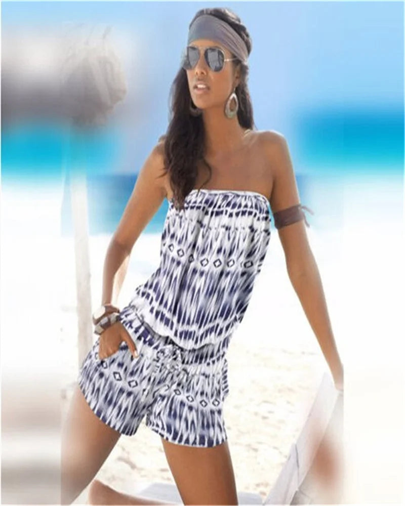 2024 new spring and summer fashion strapless one-shoulder one-piece casual printed drawstring one-piece pants Blue
