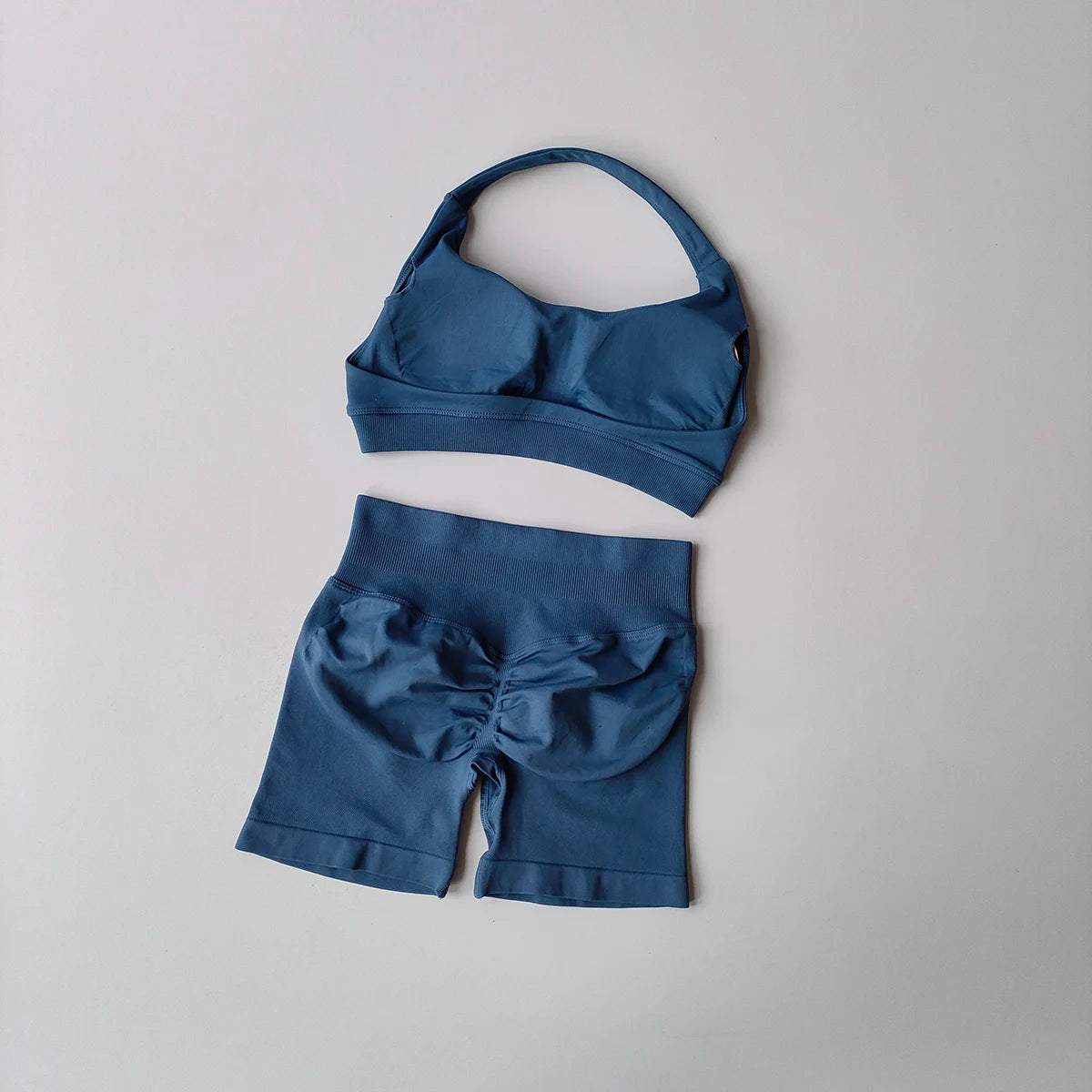2 Pieces Yoga Suit for Women Seamless Fitness Gym Clothes Halter Sports Bra Matching Impact Shorts Workout Sets Gym Outfit Grey blue CN