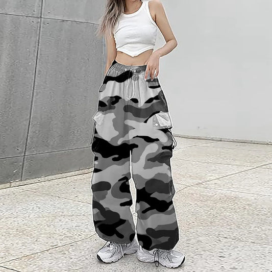 Womens Camouflage Cargo Pants Streetwear Hip Hop Baggy Trousers Casual Drawstring Joggers Pockets Loose Wide Leg Sweatpants