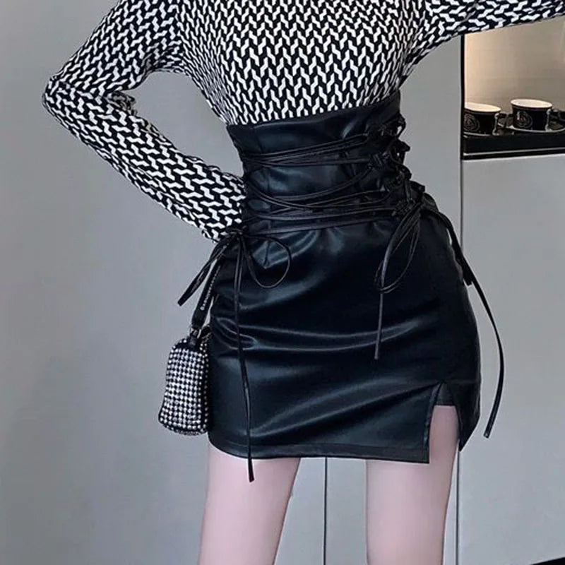 Black Leather Mini Skirts Women Gothic High Waist Slim Fit Lace Up Pencil Skirt Female Sexy Club Back Zipper Split Bag Hip Skirt black