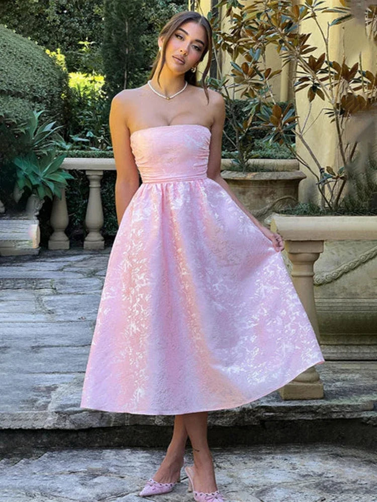 Strapless Backless Bodycon Sexy Dress Women  Elegant Evening Party Dress Jacquard Satin Long Summer Dress Vestidos Badiee Stylez