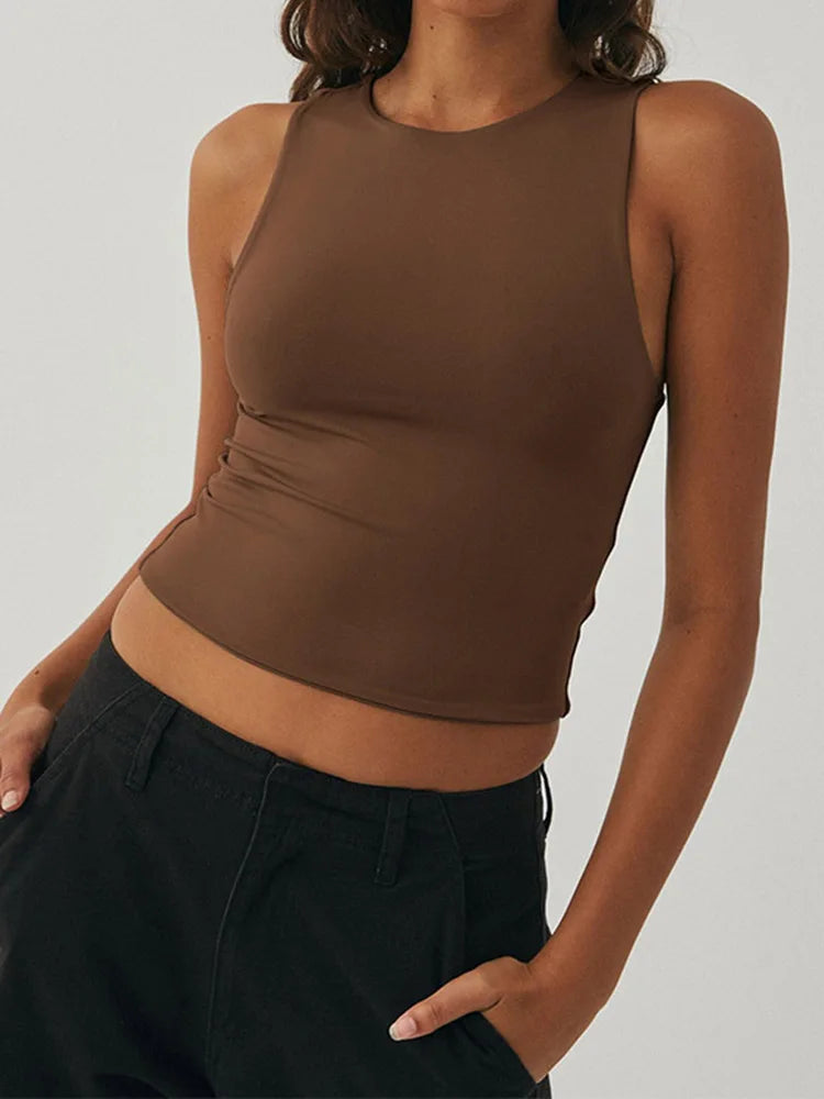 Sleeveless Tight Bottomed Shirt With Round Neck Racerback Top Coffe