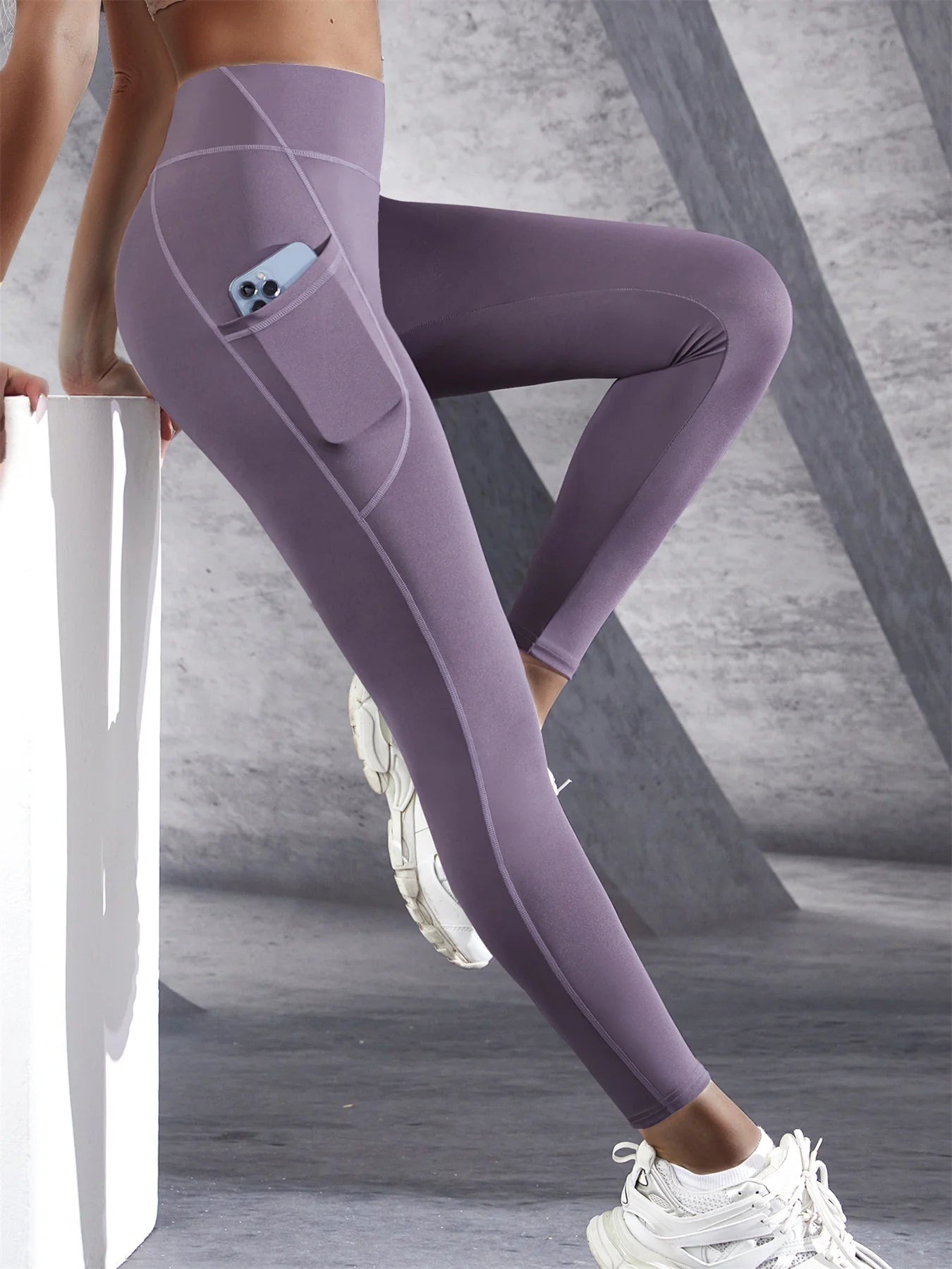 New High Waist Women's Leggings Stretch Yoga Pants Tights With Pockets Push Up Fitness Running Sportswear Solid Color Pants Purple
