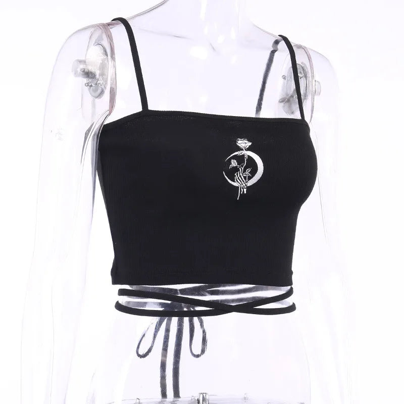 Gothic Women's Print Suspender Sleeveless Square Neck Slim Crop Top Sexy Halter Bottoming Shirt Girls Party Wear