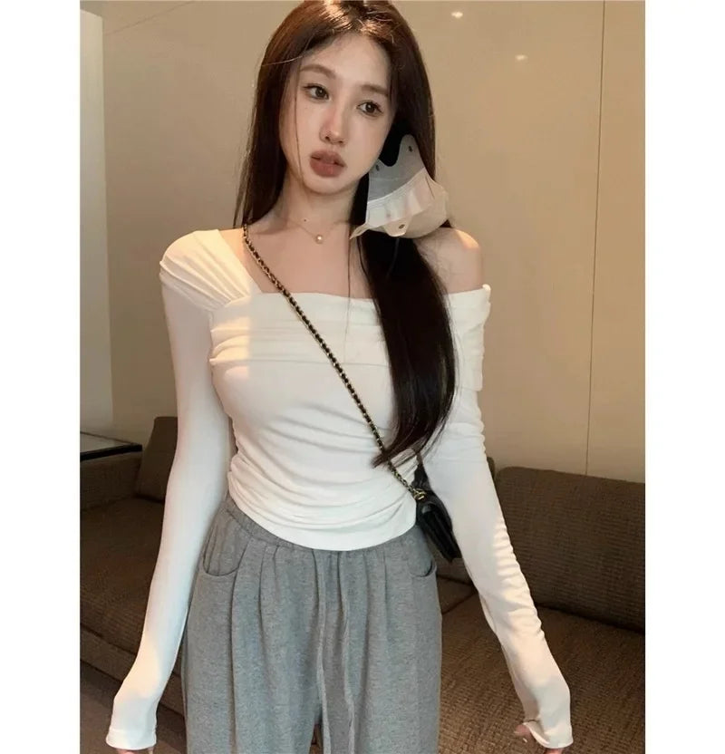 Elegant Off-Shoulder Long Sleeve Knitted Top For Women 2023 Autumn Slimming Smooth Base Layer T-Shirt Polyester Fiber Full Sleev WHITE