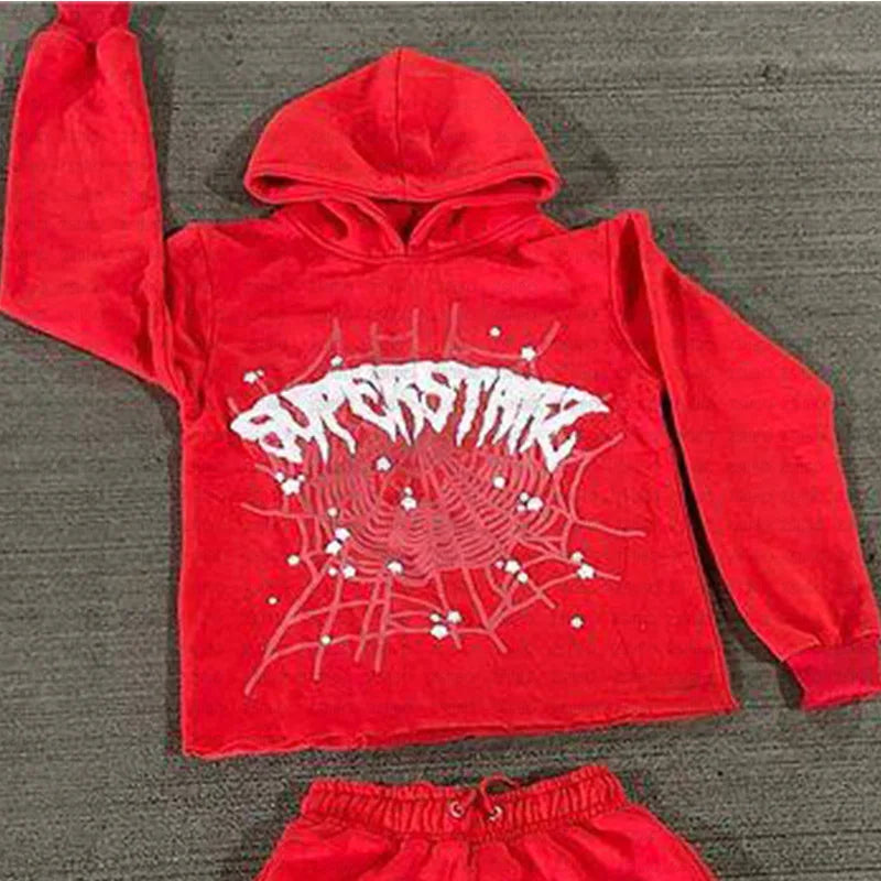 BIG PROMOTION Y2K European and American Autumn/Winter Men's Hip Hop Street Spider Web Letter Printed Loose Hooded Sweater Red