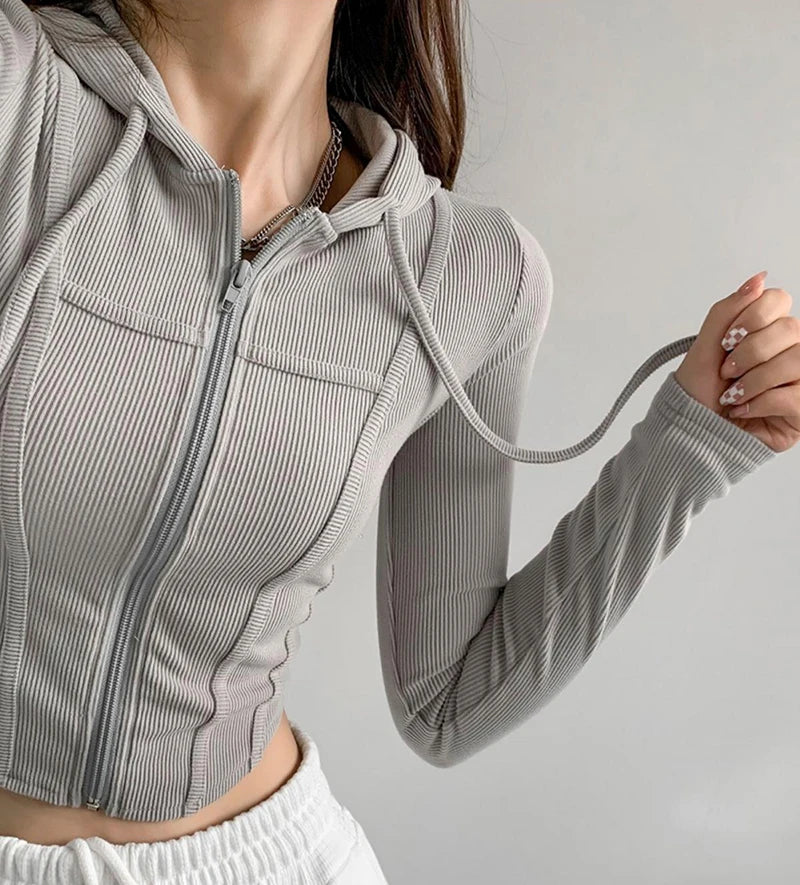 Thin Hooded Cardigan Women Korean Vintage Slim Summer Solid Sports Jacket Vertical Pit Stripe Zipper Female Sexy Cropped Tops