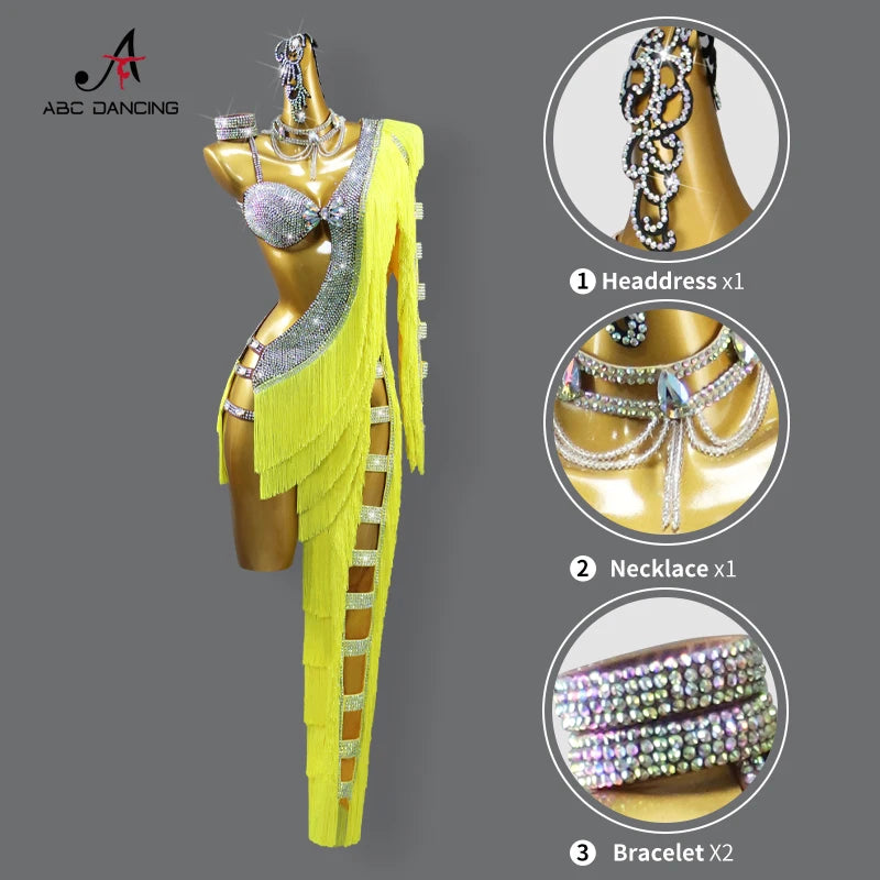 Womens Latin Dance Dress Midi Stage Clothes Elegant Prom Line Tassel Costume Girl Sport Suit Samba Party Practice Wear Customize Badiee Stylez