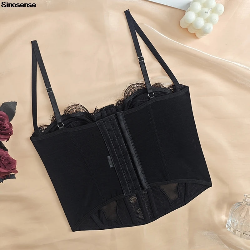Women Lace Bustier Top Sexy Sheer Mesh See Through Spaghetti Strap Slim Camisole Y2K Going Out Night Club Party Corset Top