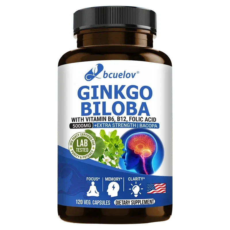 Ginkgo Biloba + 5000mg Supplement - Vitamin B6 B12 Folic Acid Bacopa Gotu Kola - Brain Focus Memory 120 count-1 bottle