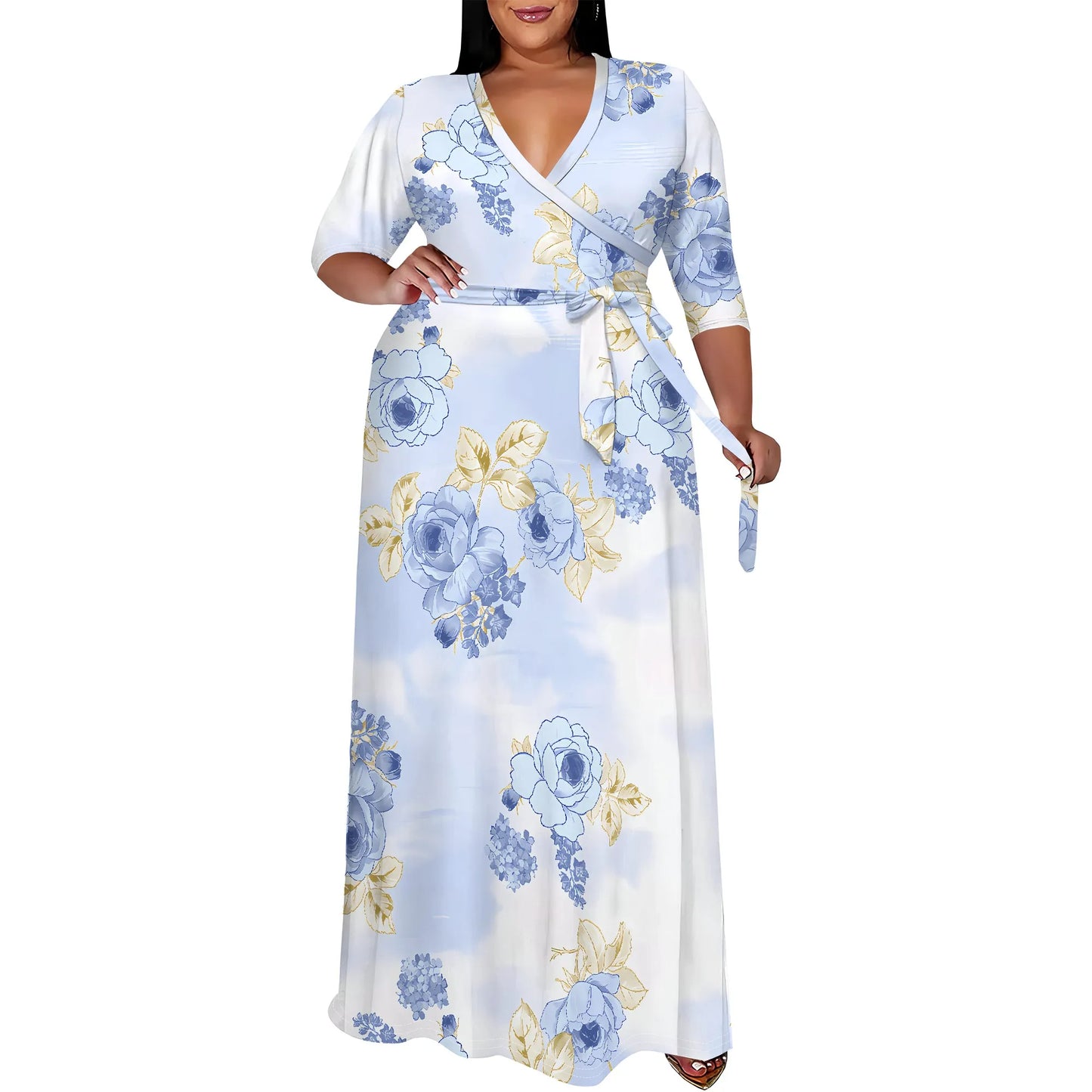 Plus Size Dress for Women - 3/4 Sleeve V-Neck Maxi Dress for Women with Belt and Pockets White-4 CHINA